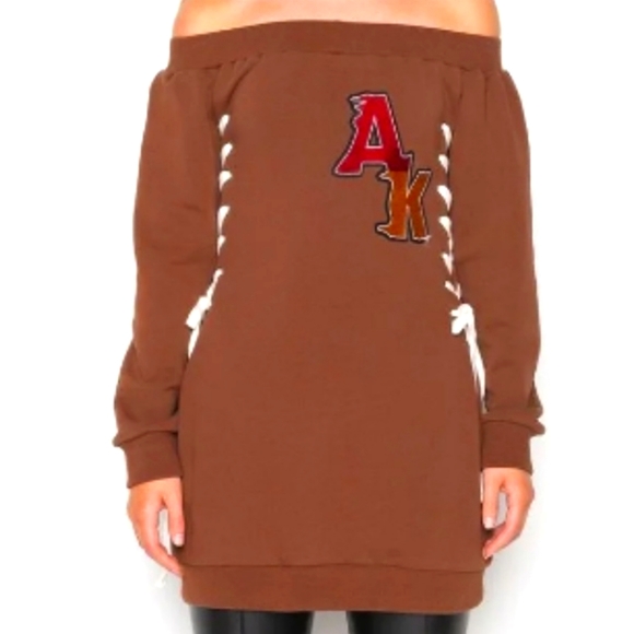 AKIRA Dresses & Skirts - Akira varsity off shoulder sweatshirt dress